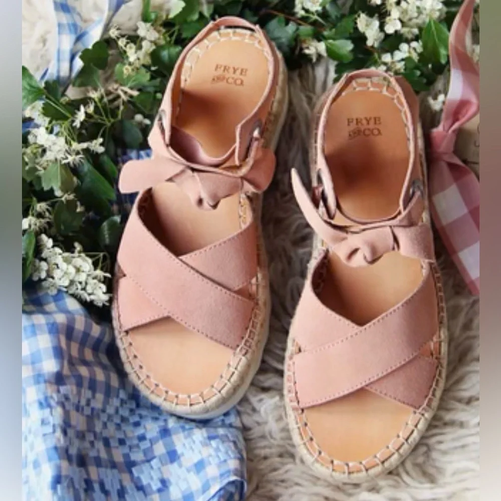 Frye Lula Blush Pink Suede Bow Knot Espadrille Platform Sandals Frye Size 7.5M